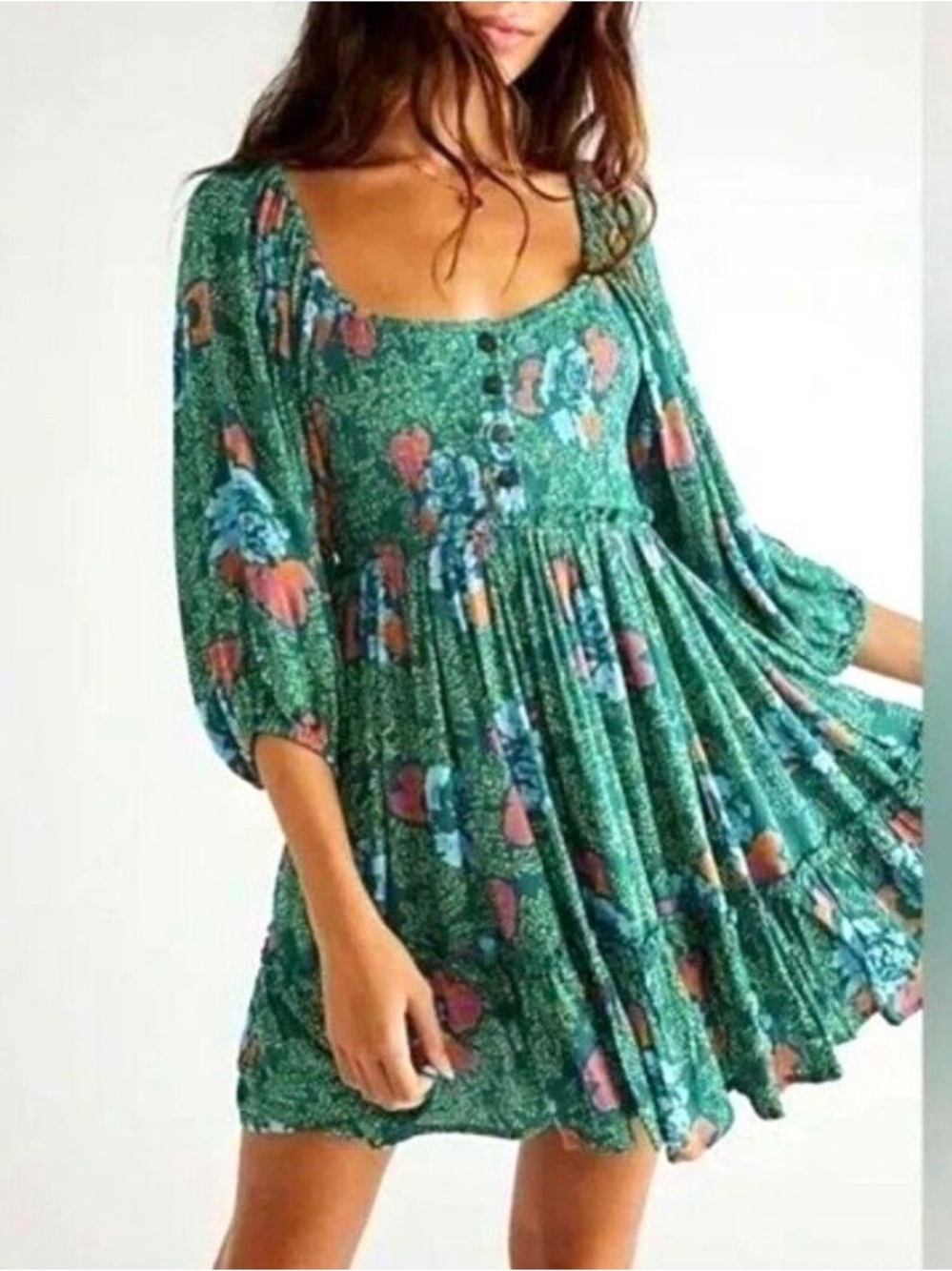 Free People Smocked Printed Picnic Mini Dress Green